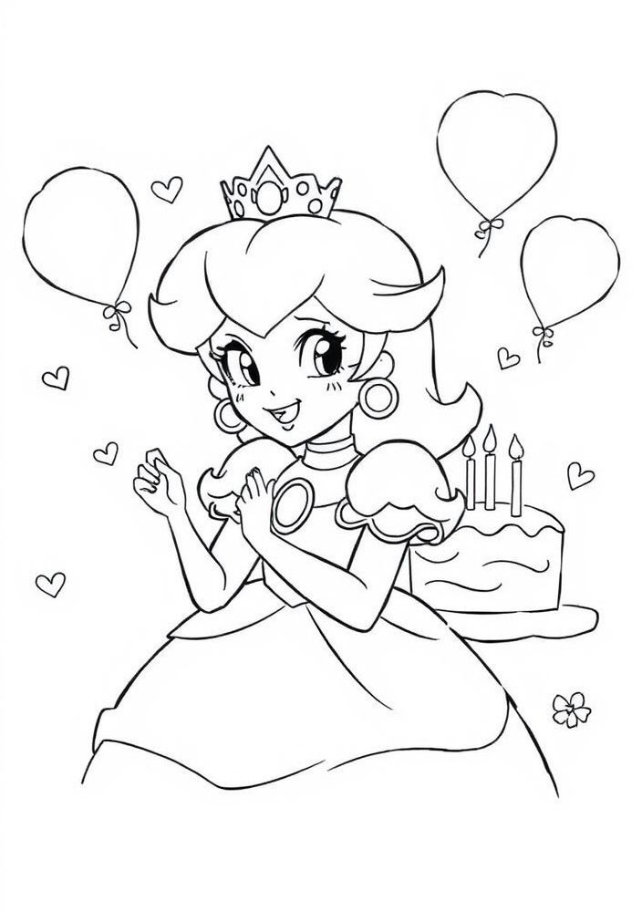 Desenho da Princesa Peach em um cenário de festa de aniversário para colorir