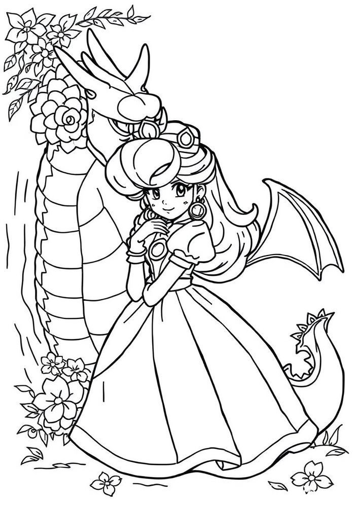Desenho da Princesa Peach em um conto de fadas com dragão para colorir
