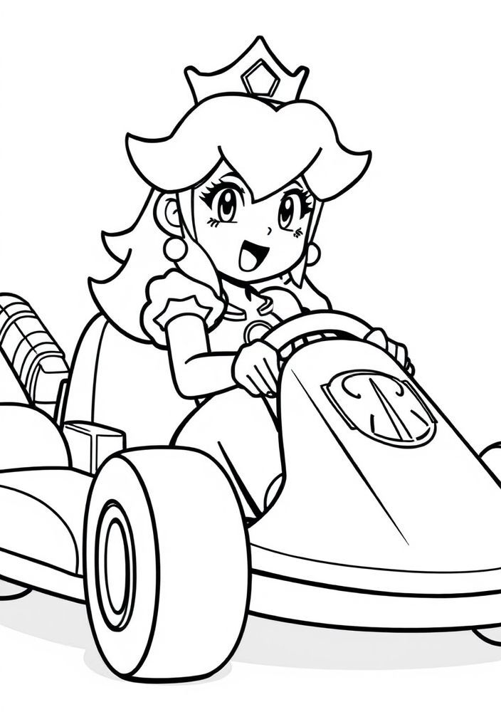 Desenho da Princesa Peach em um passeio de kart para colorir