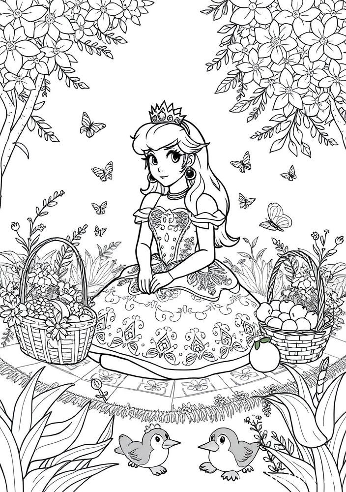 Desenho da Princesa Peach em um piquenique para colorir