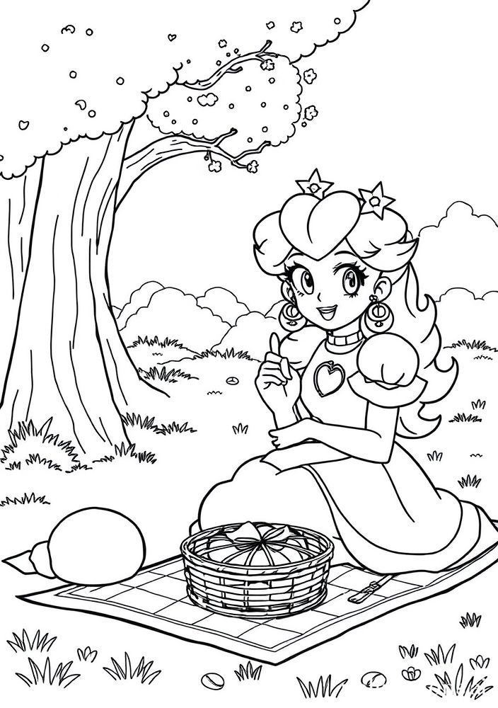 Desenho da Princesa Peach em um piquenique para colorir
