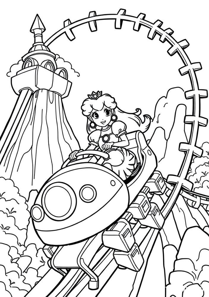 Desenho da Princesa Peach em uma montanha-russa para colorir