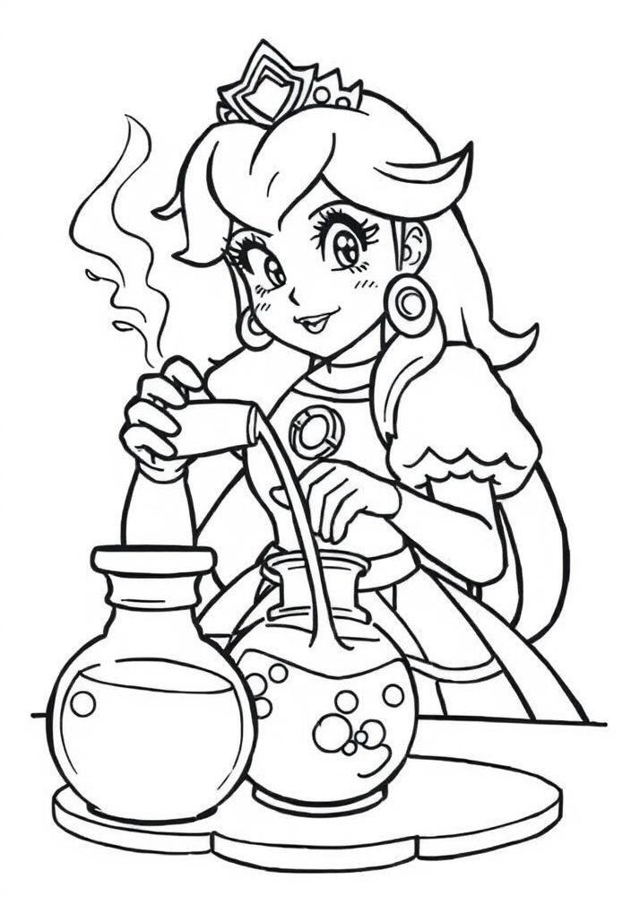 Desenho da Princesa Peach fazendo uma poção mágica para colorir