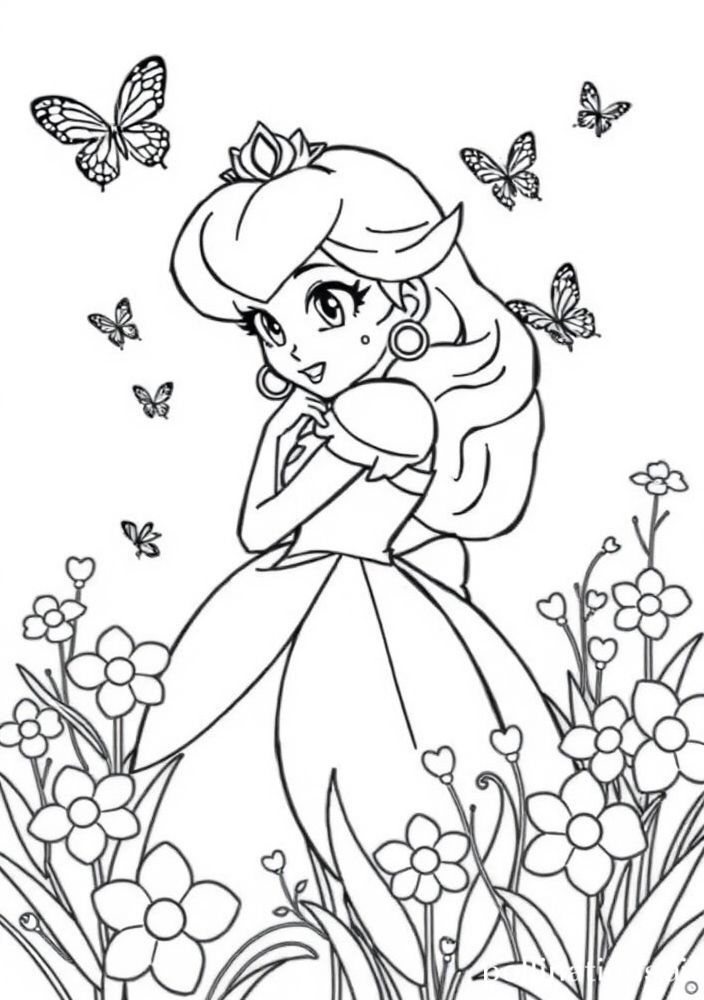 Desenho da Princesa Peach na primavera com borboletas para colorir