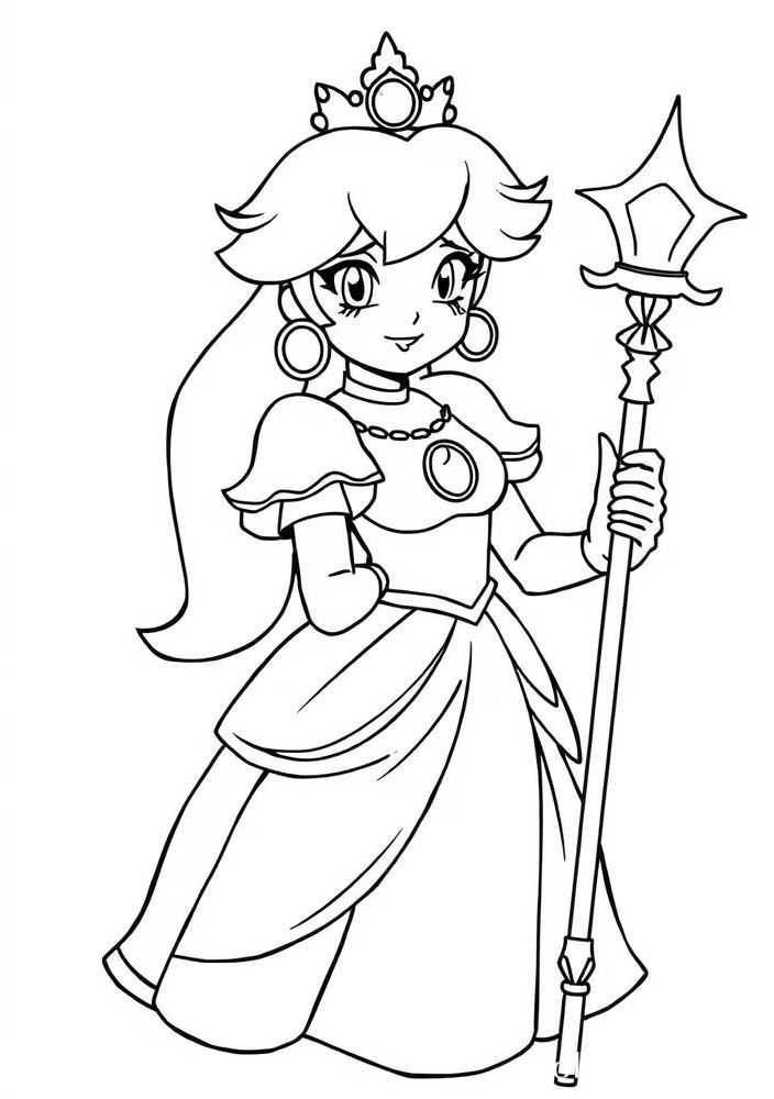 Desenho da Princesa Peach segurando um báculo mágico para colorir