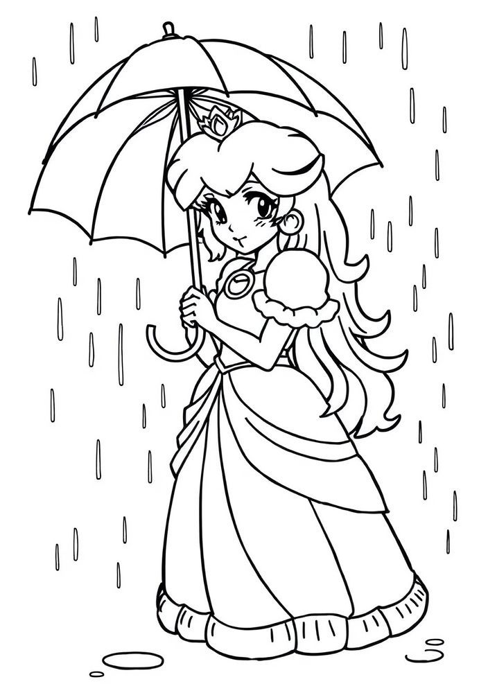Desenho da Princesa Peach segurando um guarda-chuva para colorir