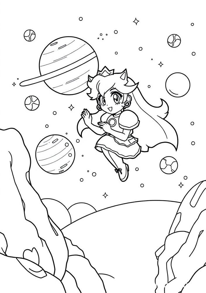 Desenho da Princesa Peach viajando pelo espaço para colorir