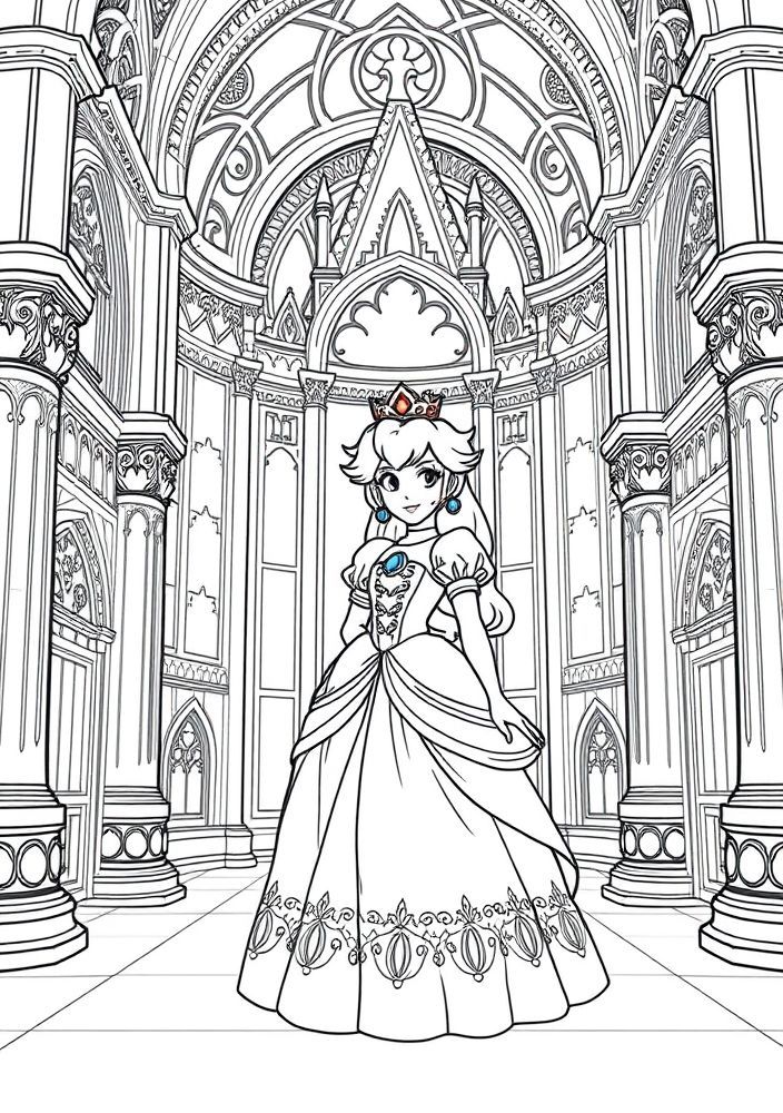 Desenho da Princess Peach em seu castelo para colorir