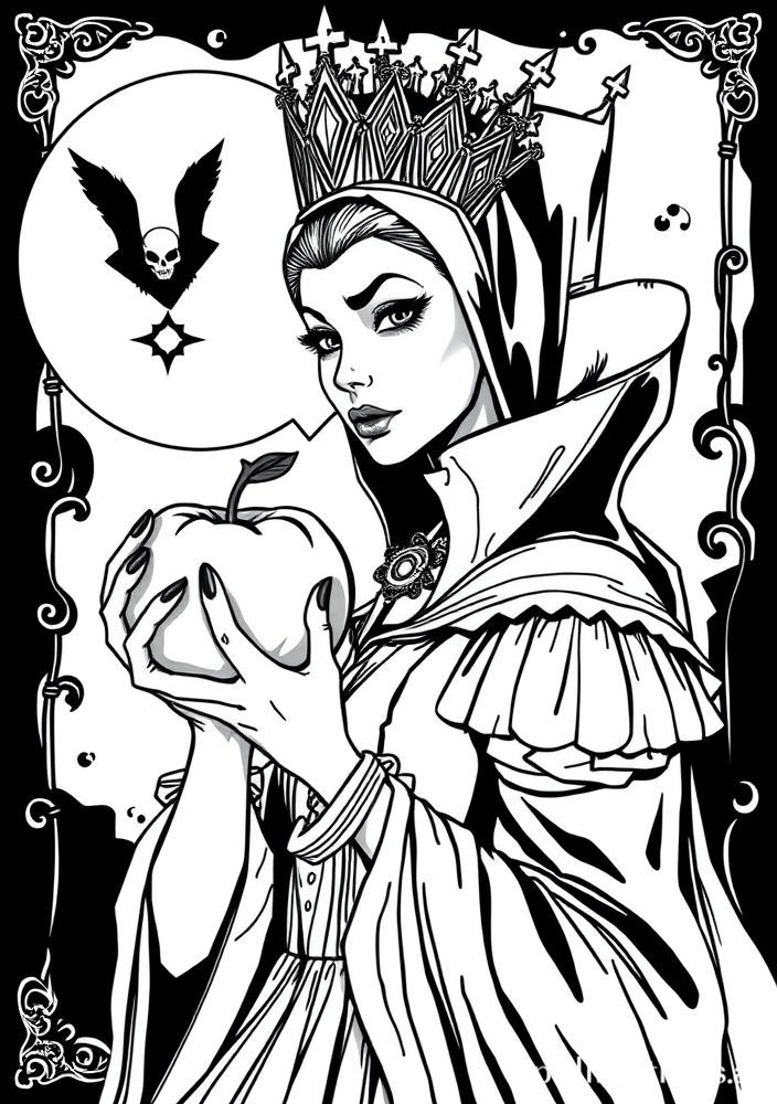 Desenho da Rainha Malvada com a Maçã envenenada para colorir