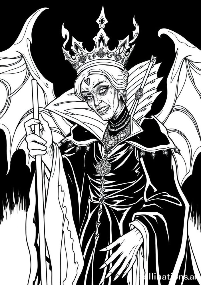Desenho da Rainha Malvada se transformando em velha para colorir