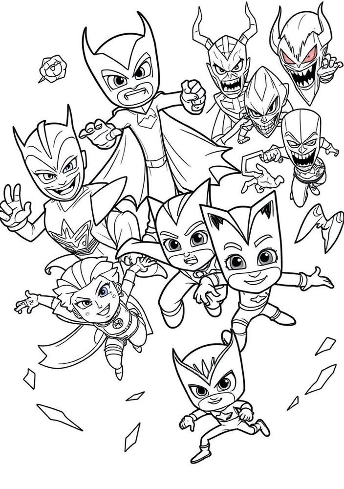 Desenho da batalha do Pj Masks contra seus vilões para colorir