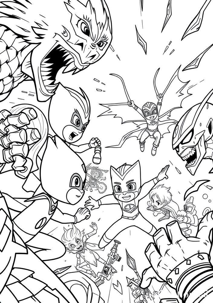 Desenho da batalha épica entre os PJ Masks e os vilões para colorir