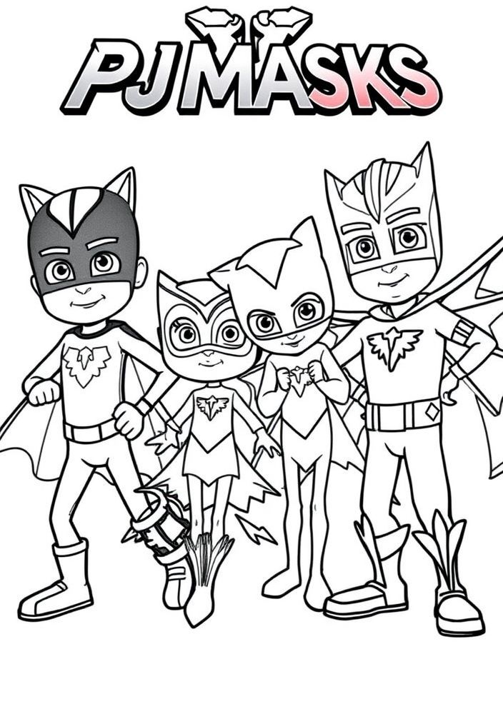 Desenho da equipe Pj Masks em grupo para colorir