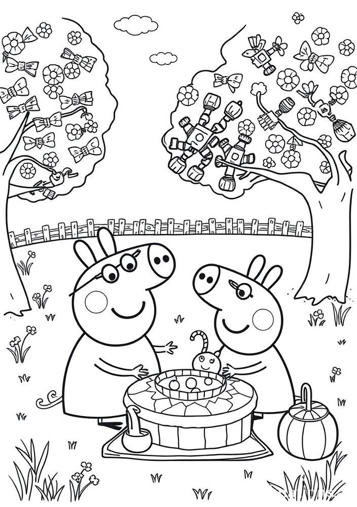 Desenho da família Peppa Pig fazendo um piquenique para colorir