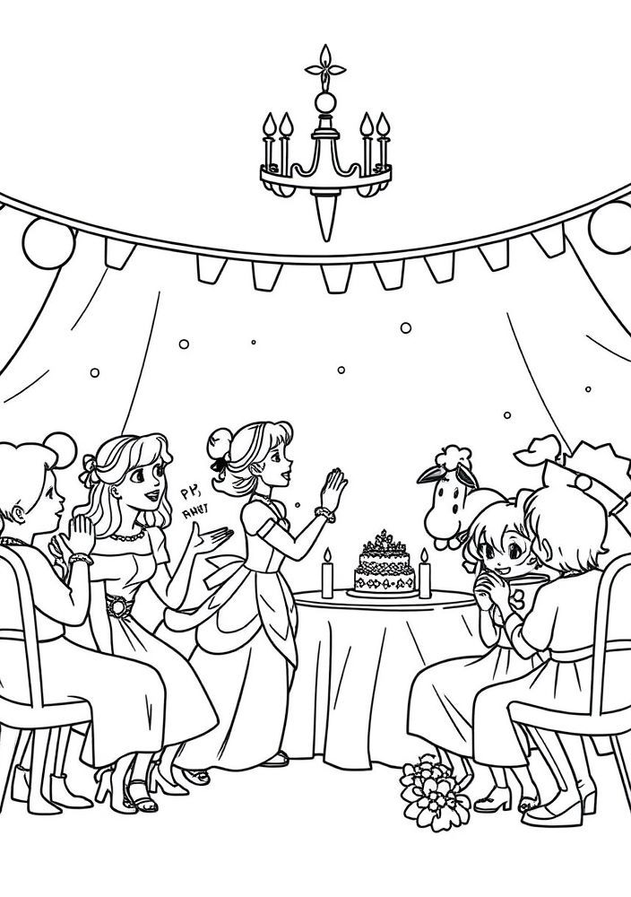 Desenho da festa de aniversário da Cinderela para colorir