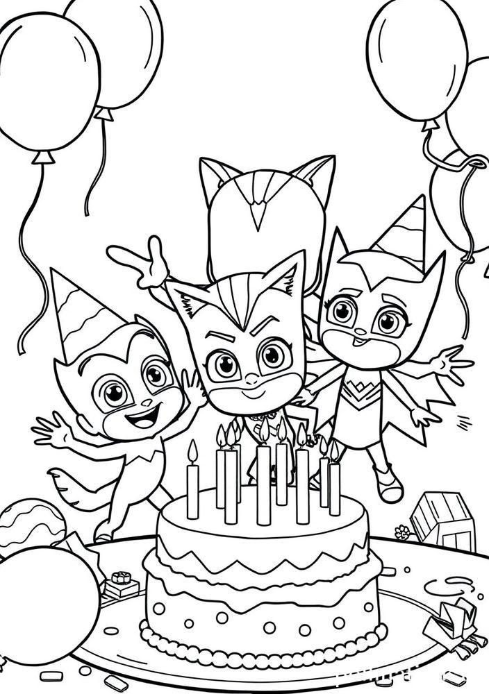 Desenho da festa de aniversário dos Pj Masks para colorir
