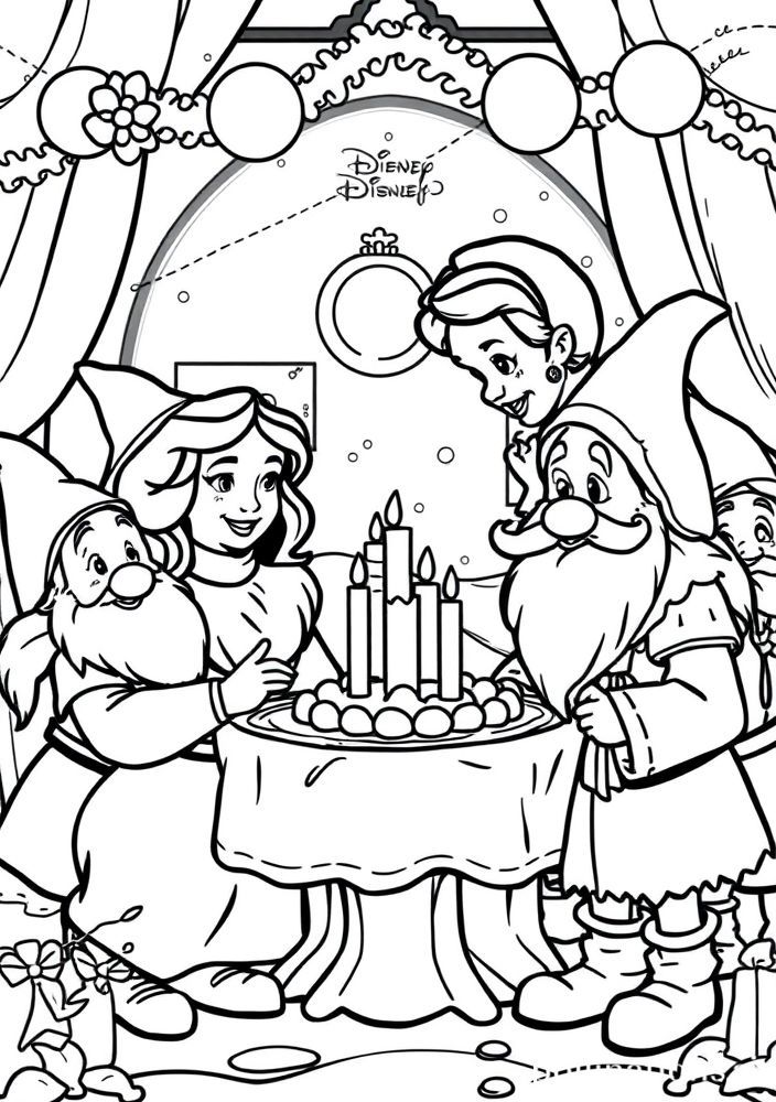 Desenho da festa de aniversário dos Sete Anões com Branca de Neve para colorir