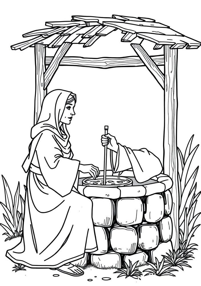 Desenho da mulher samaritana no poço para colorir
