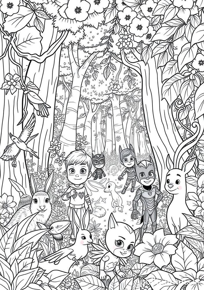 Desenho da natureza com os Pj Masks para colorir