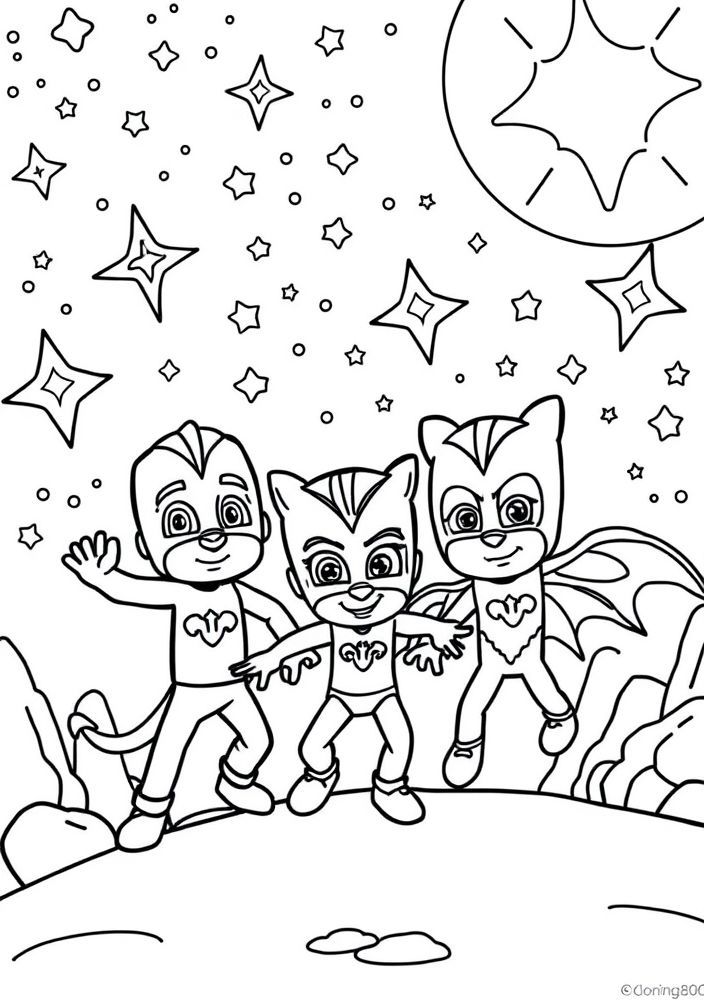 Desenho da noite estrelada com os Pj Masks para colorir