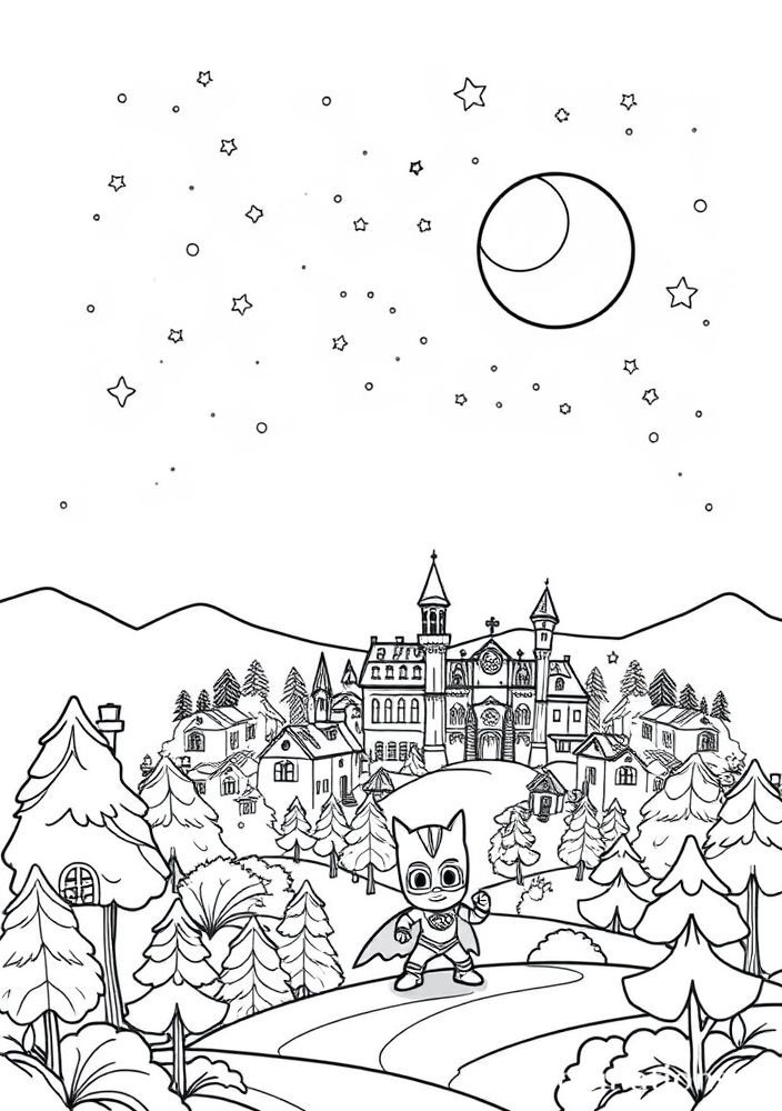 Desenho da paisagem noturna com os PJ Masks para colorir