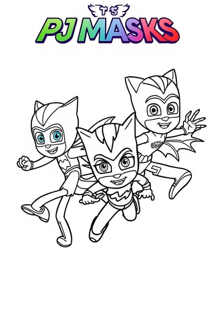 Desenho da super equipe PJ Masks em ação para colorir