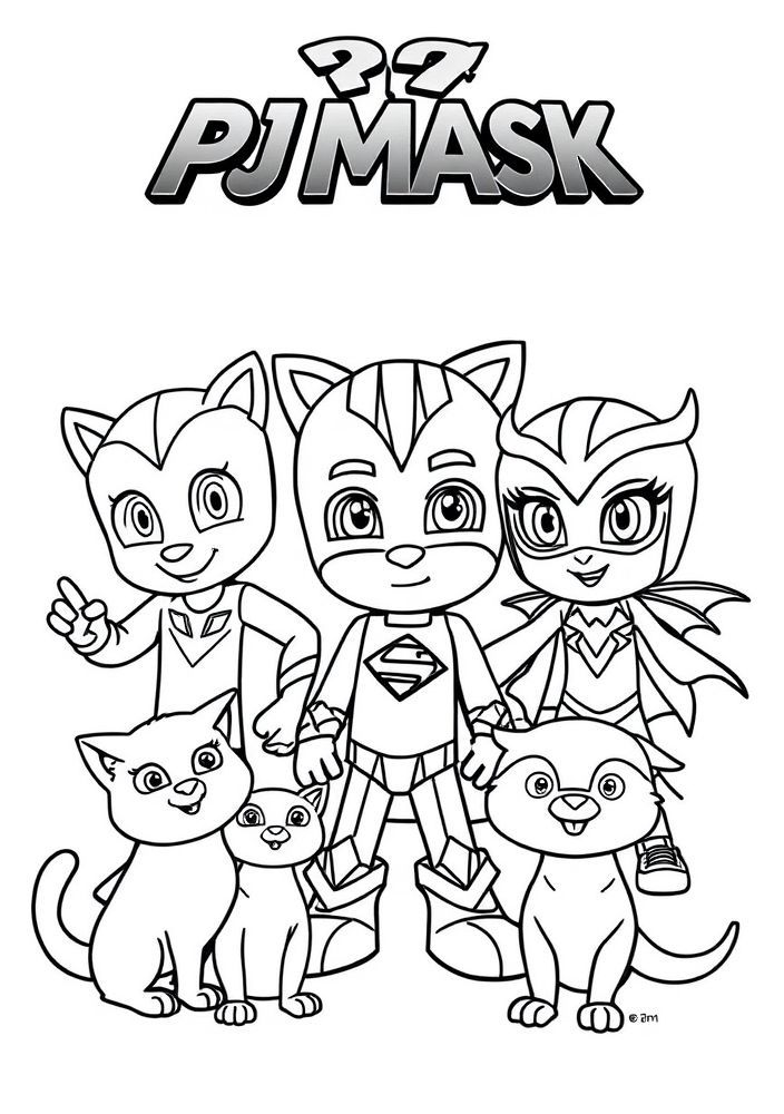 Desenho da super equipe PJ Masks junto de seus animais de estimação para colorir