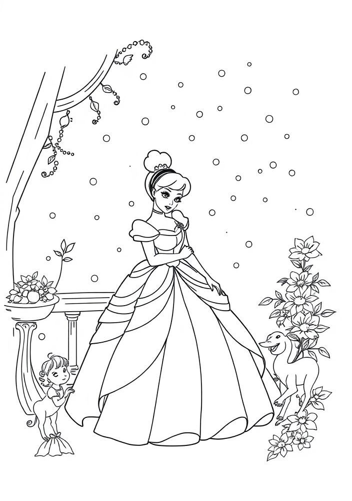 Desenho da transformação final da Cinderela para colorir