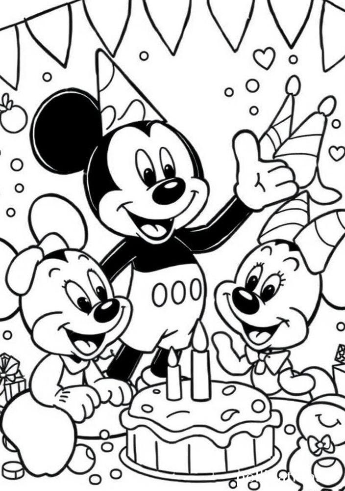 Desenho da turma do Mickey em festa de aniversário para colorir