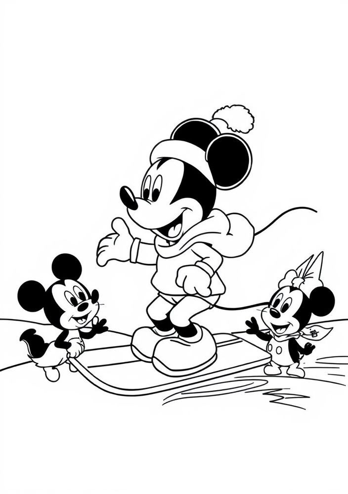 Desenho da turma do Mickey fazendo snowboarding para colorir