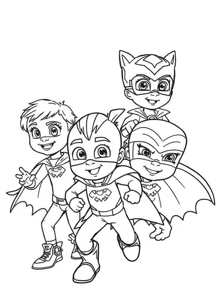 Desenho das crianças se transformando em Pj Masks para colorir