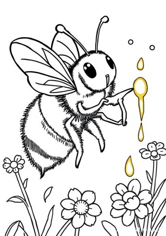Desenho de Abelha Brincando em um Pedaço de Mel para colorir