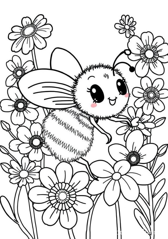 Desenho de Abelha com flores para colorir
