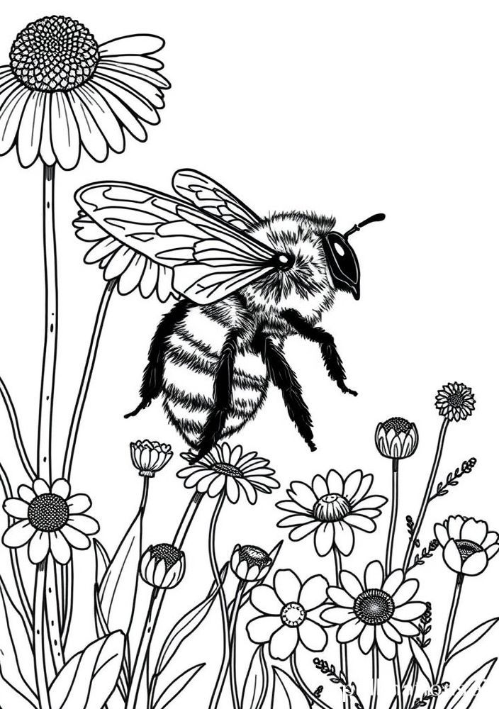 Desenho de Abelha e flores do campo para colorir