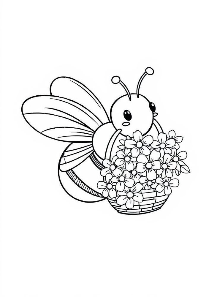 Desenho de Abelha e um cesto de flores para colorir