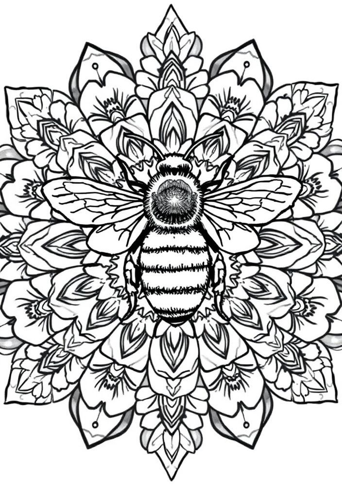 Desenho de Abelha e um círculo floral para colorir