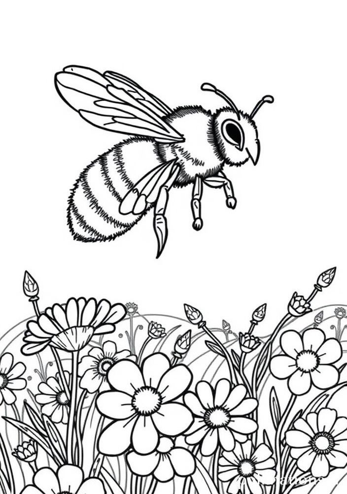 Desenho de Abelha em um campo de flores para colorir