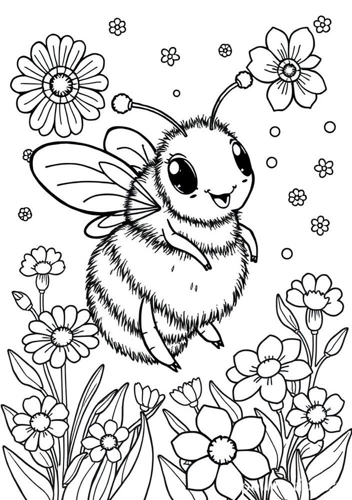 Desenho de Abelha em uma festa de flores para colorir