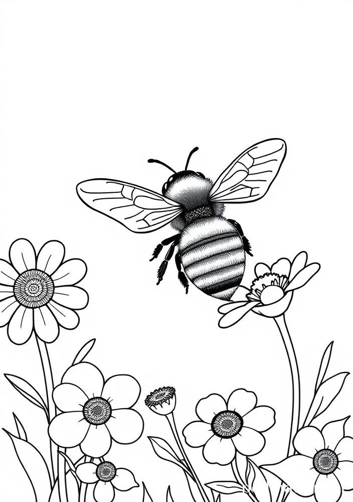 Desenho de Abelha na estação das flores para colorir
