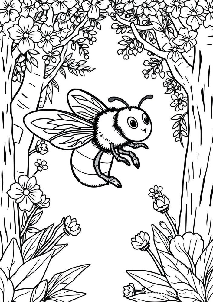 Desenho de Abelha na floresta mágica para colorir