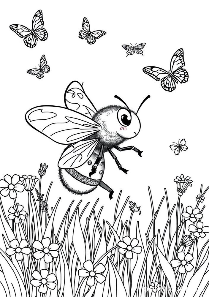 Desenho de Abelha no campo com borboletas