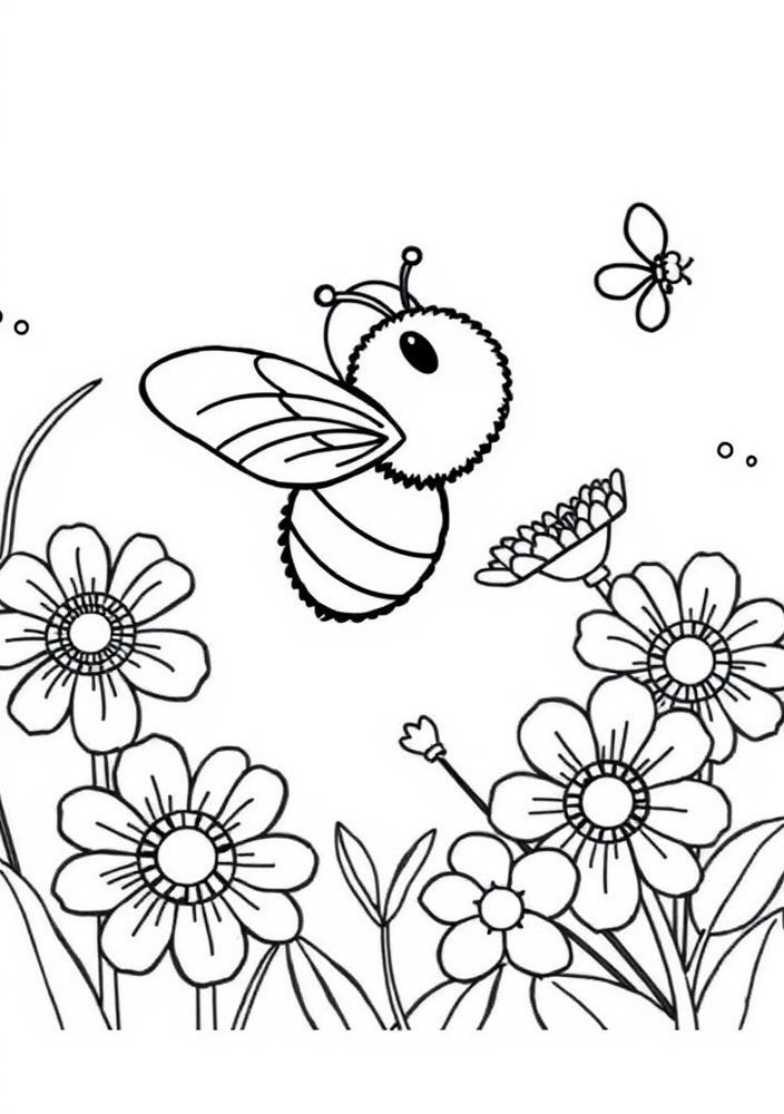 Desenho de Abelha zumbindo entre flores para colorir