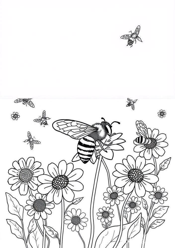 Desenho de Abelhas e Flores para colorir