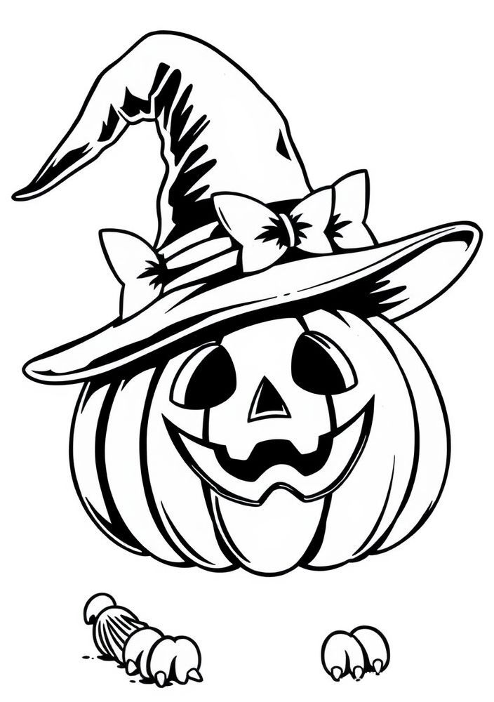 Desenho de Abóbora com Chapéu de Bruxa para colorir