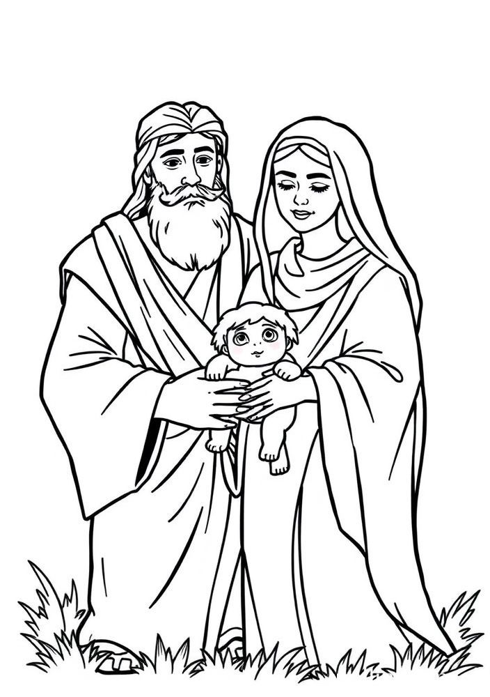 Desenho de Abraão e Sara com o filho Isaque para colorir