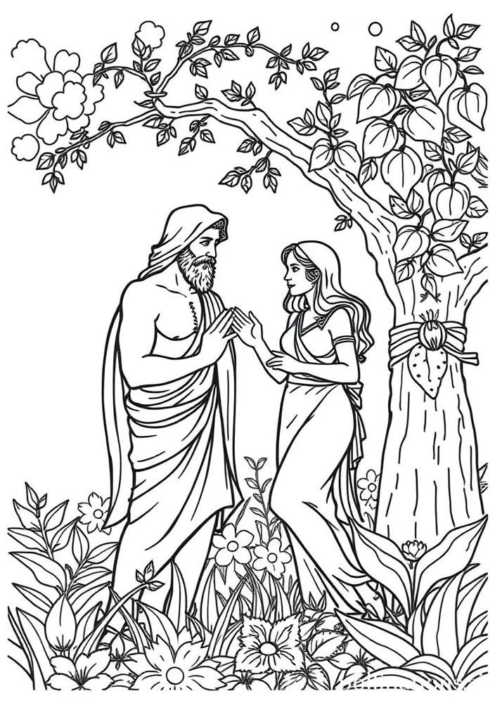 Desenho de Adão e Eva no Jardim do Éden para colorir