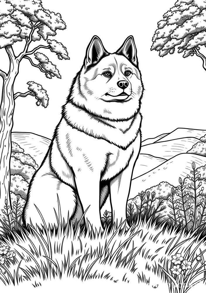 Desenho de Akita com natureza ao fundo para colorir