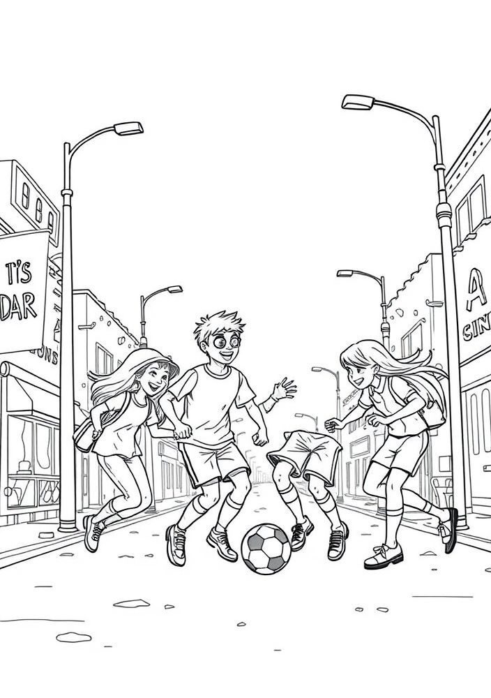 Desenho de Amigos Jogando Futebol na Rua para Colorir