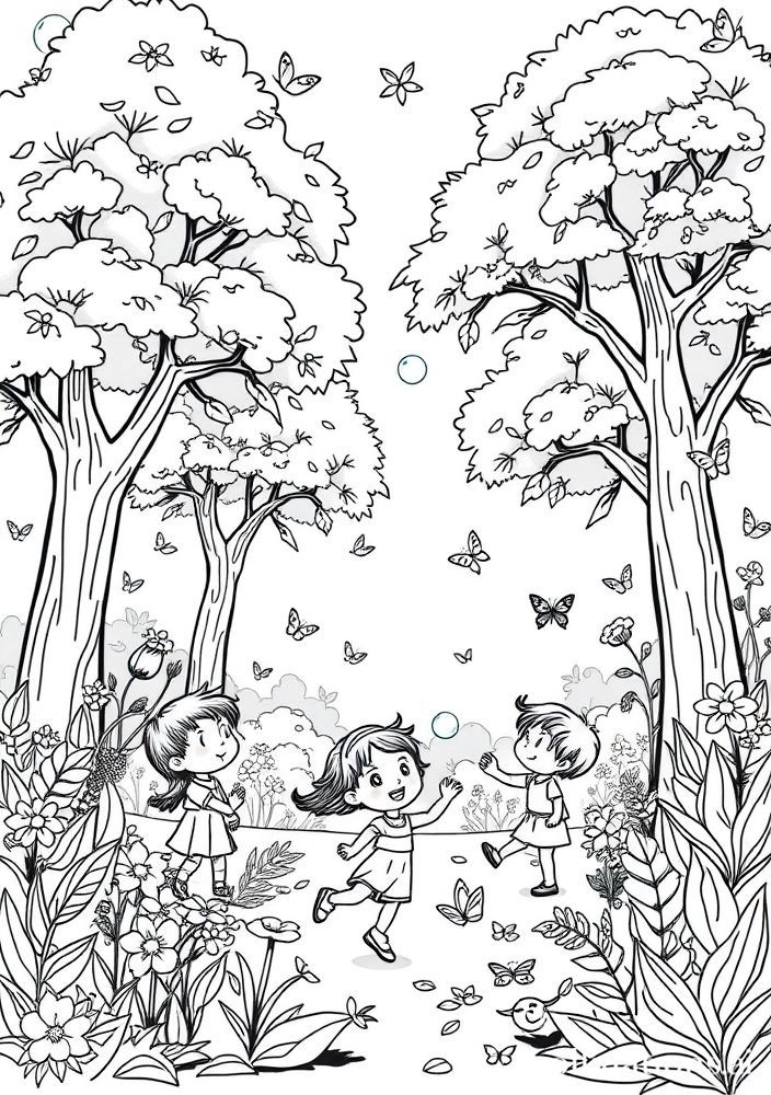 Desenho de Amigos no Jardim Brincando para Colorir