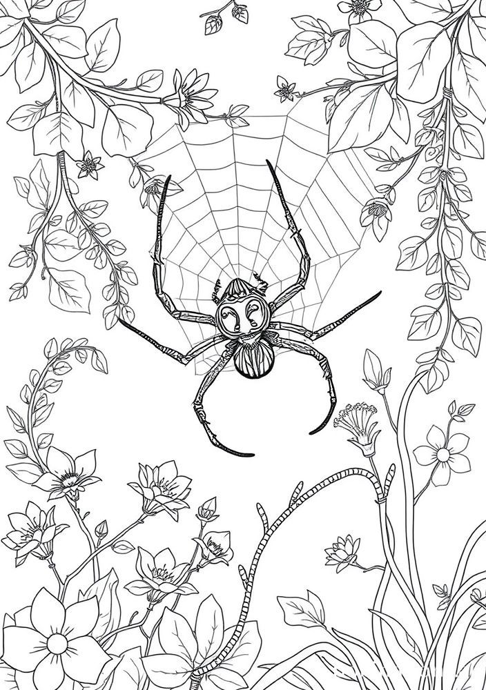 Desenho de Aranha no Jardim com Teia para Colorir